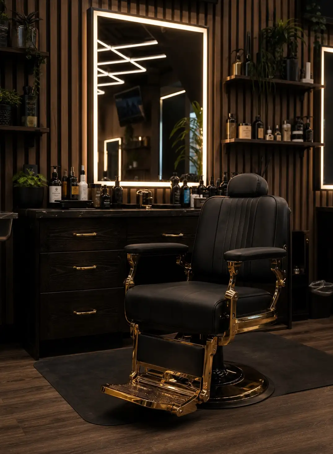 Black leather barber chair with gold frame at a station