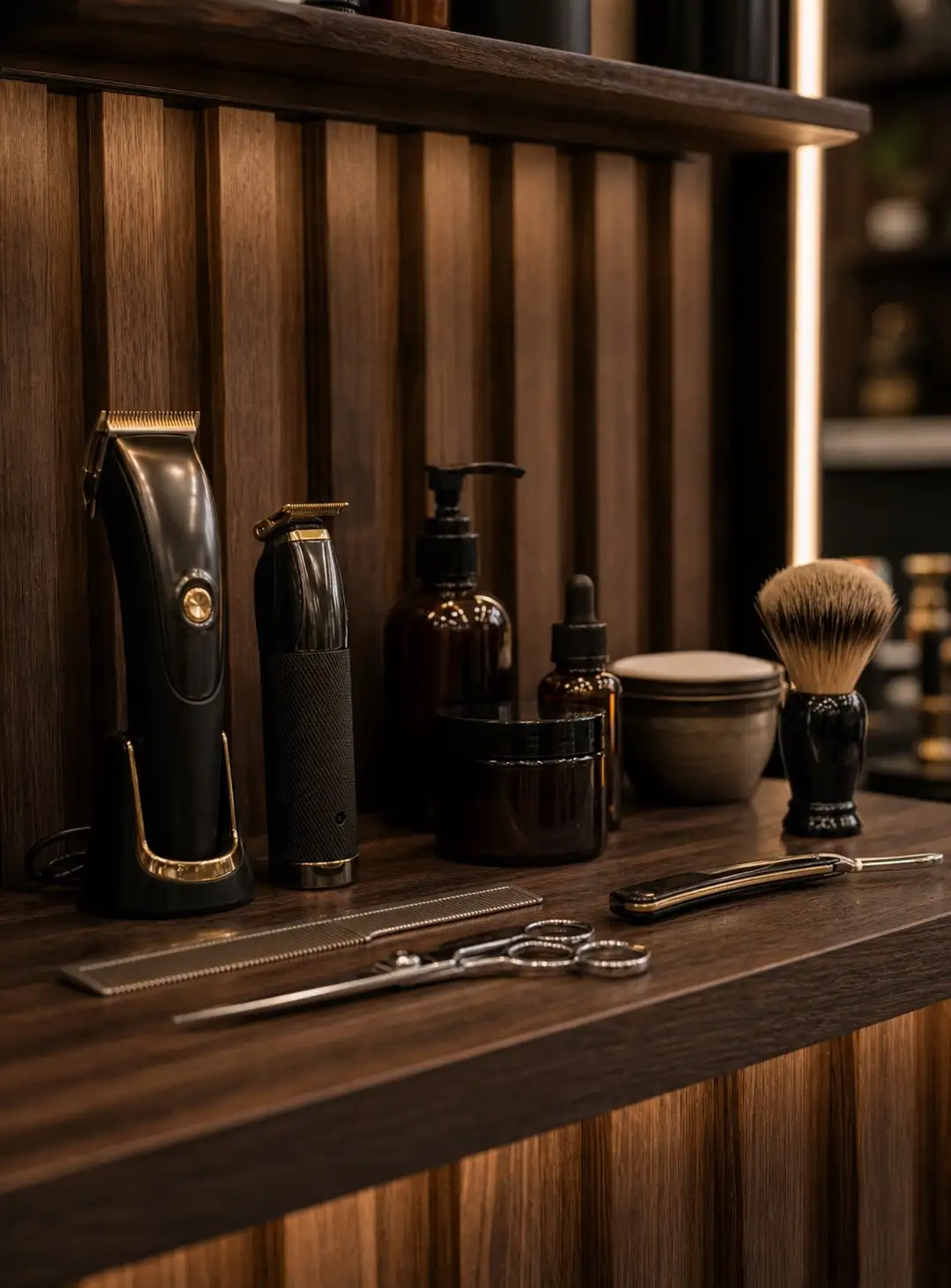 Clippers, shears, and grooming tools on a wood station