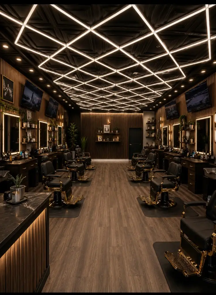 7 Figure Barbershop shop interior with diamond LED ceiling